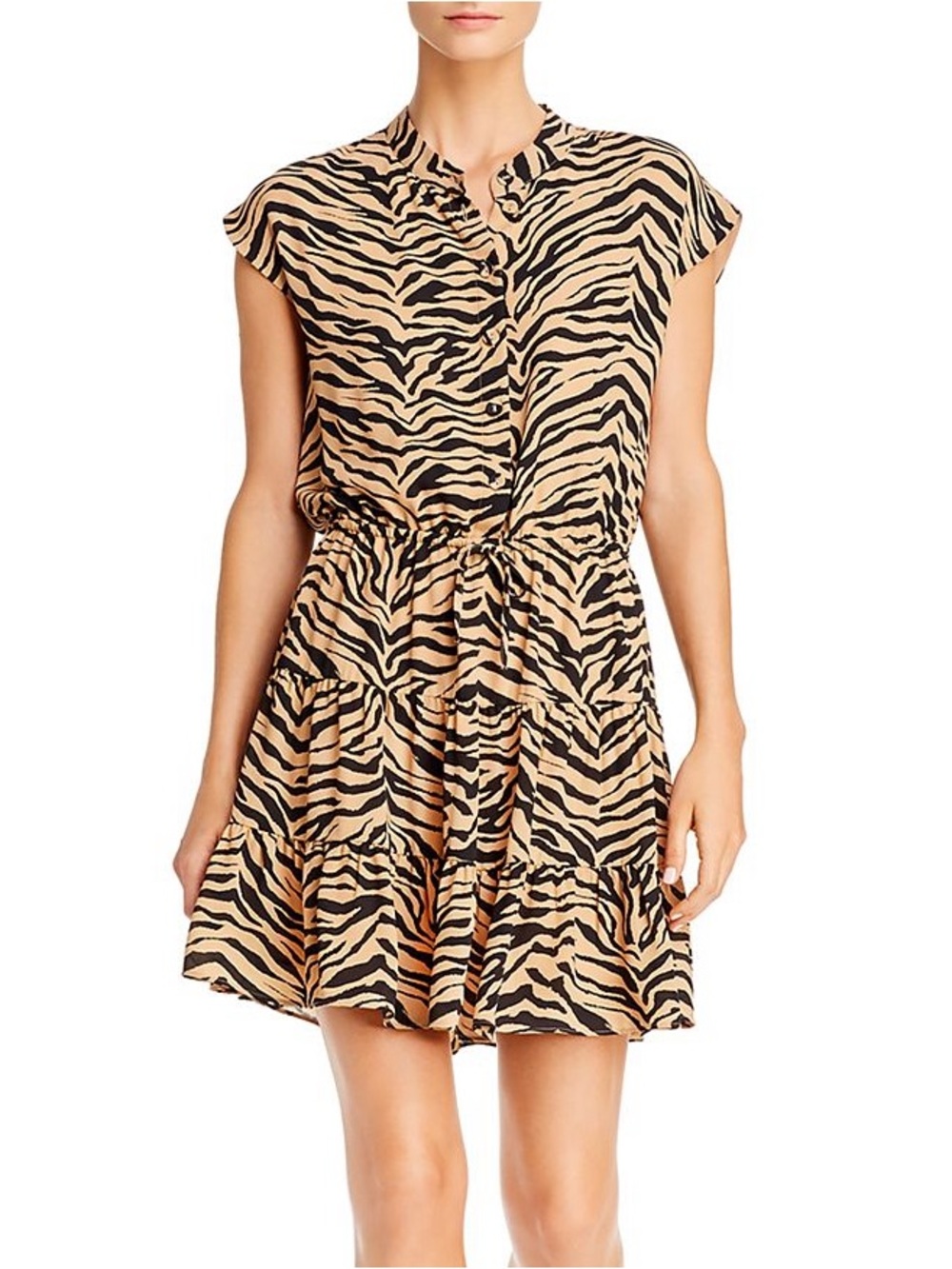 NWOT Rebecca Minkoff Beige Black Tiger Zebra Print Tiered Mini Dress, Size XL